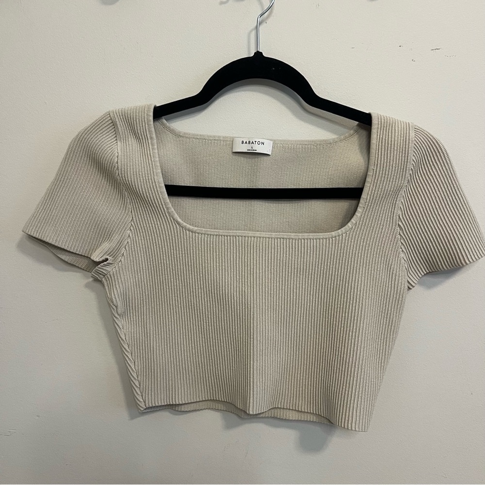 Babaton Beige Ribbed Crop Top